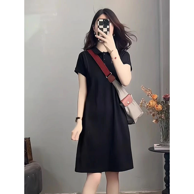 欧货时尚POLO领气质减龄黑色短袖连衣裙女2025夏季新款显瘦中长裙