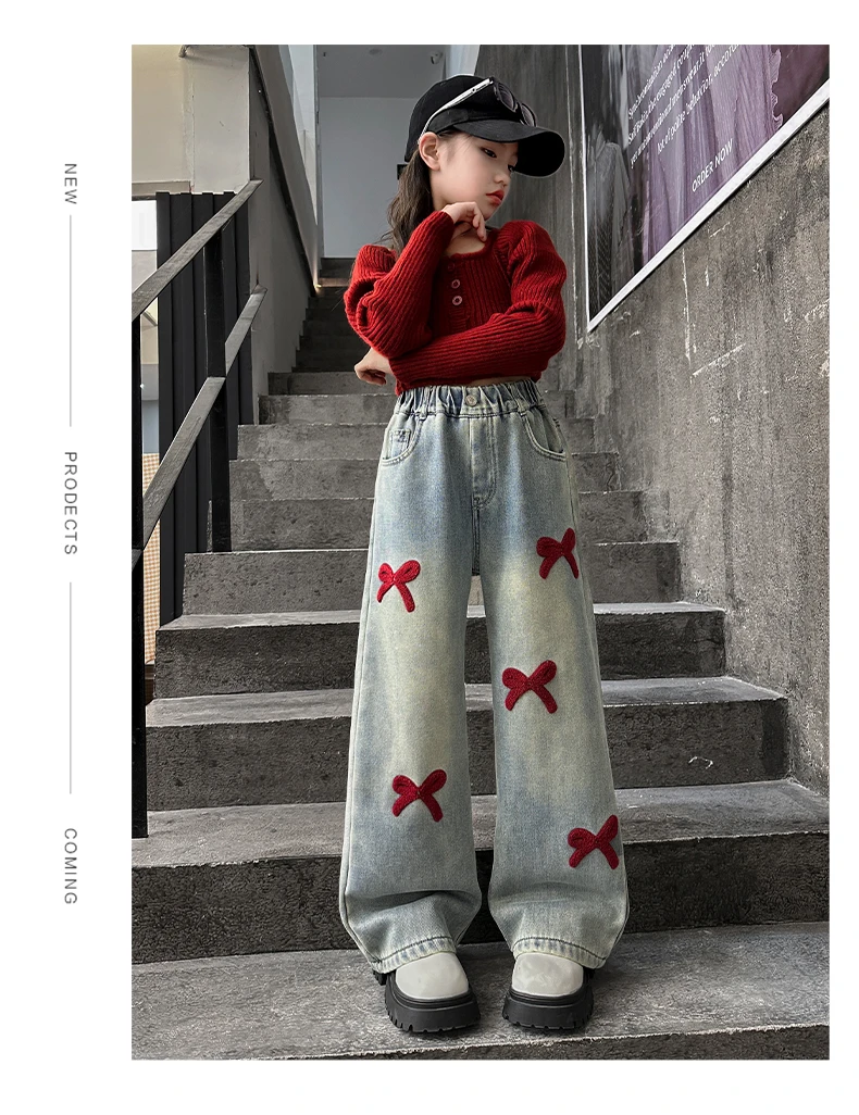 女童春秋冬款加绒裤子大女孩儿童一体加厚直筒裤牛仔冬季潮8岁9