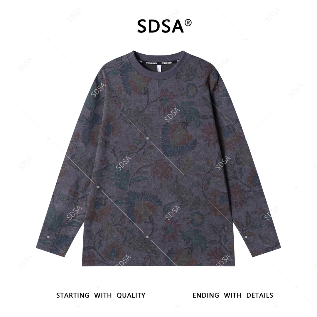 SDSA秋季新款男士痞帅扎染彩色植物花卉圆领长袖T恤百搭时尚上衣