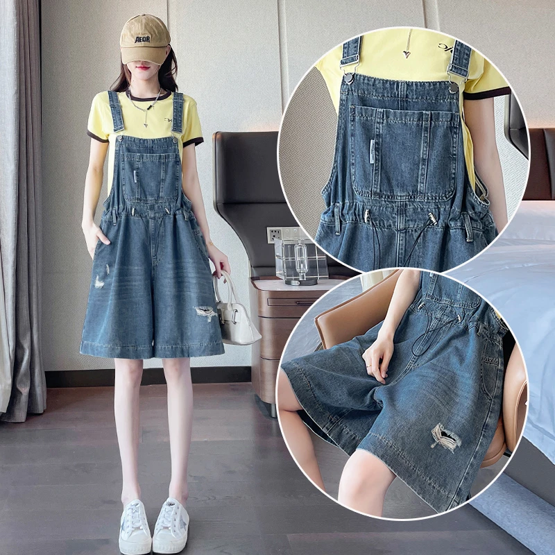 破洞抽绳背带牛仔短裤女2025夏季宽松小个子减龄阔腿A版连体裤子