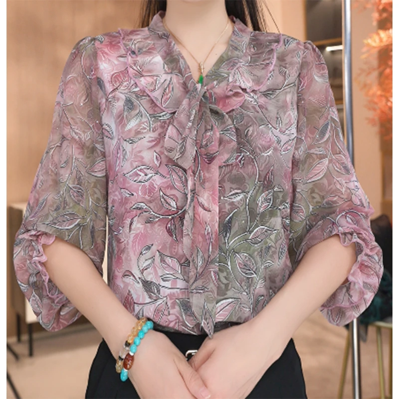 CYM1709春夏季木耳领衬衫女时尚洋气小衫印花七分袖上衣