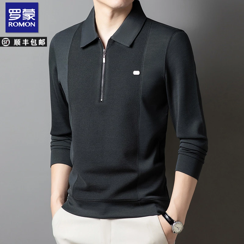 罗蒙春秋季中年男士拉链polo衫商务休闲高档百搭T恤长袖打底衫男