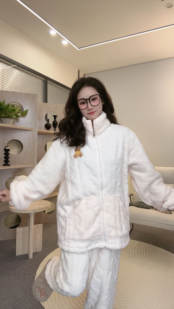 冬季保暖立领睡衣家居服套装时尚加绒韩系美式
