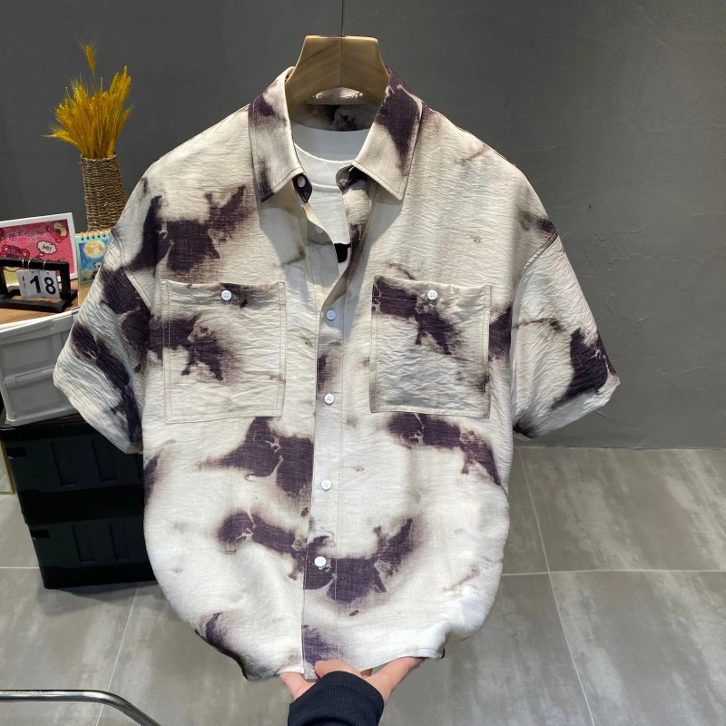 2025夏季新款男扎染水墨画短袖衬衫韩版休闲宽松痞帅半袖衬衣外套