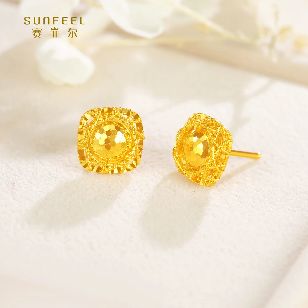 SUNFEEL/赛菲尔【三店】足金闪光金花丝方糖直针耳钉HR07010810