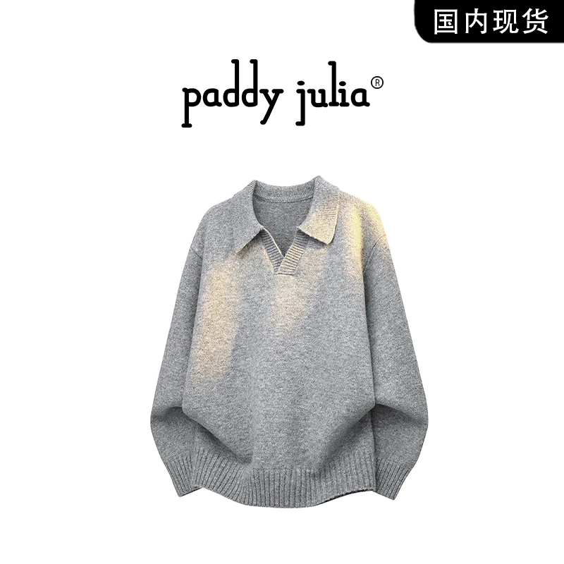 Paddy julia复古翻领毛衣男款春秋季宽松休闲长袖polo针织衫上衣