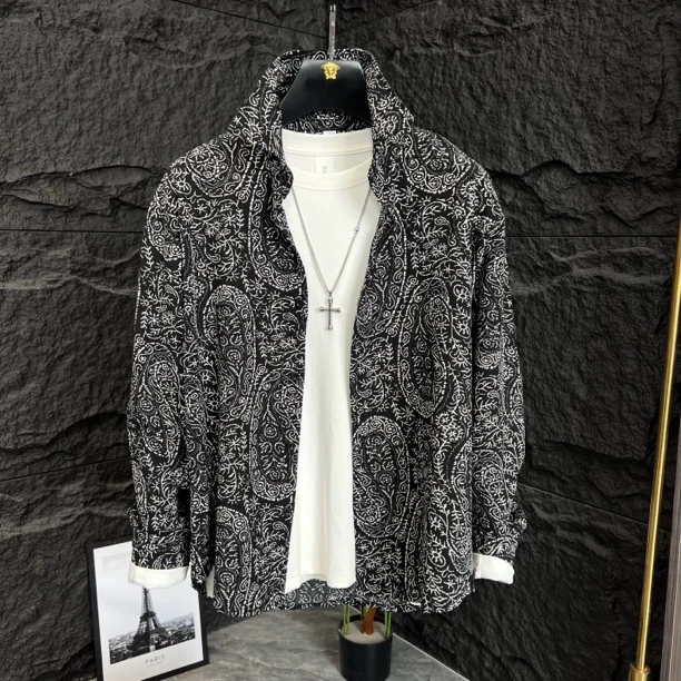 男士时尚潮流韩版印花衬衫修身翻领长袖薄款休闲衬衣上衣8052