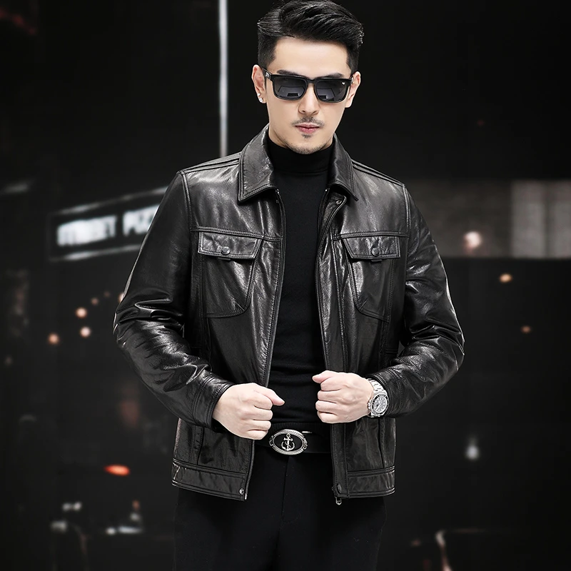 真皮皮衣男短款头层牛皮翻领休闲海宁皮夹克男士鹅绒保暖外套186