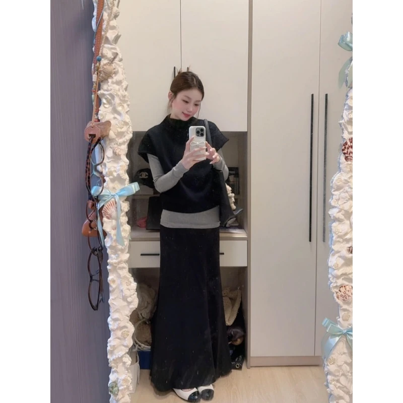 MARIE.COCO秋冬新款黑色套头针织马甲修身打底衫气质半身裙三件套