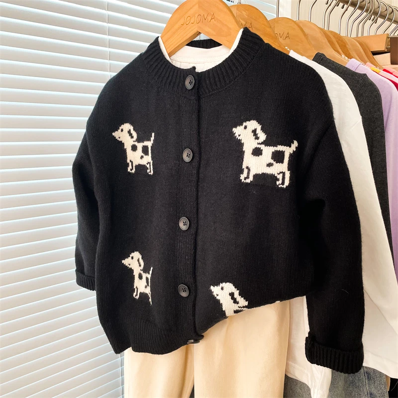 2024秋冬新款男女童韩版小狗毛衣开衫男女宝宝卡通上衣外套