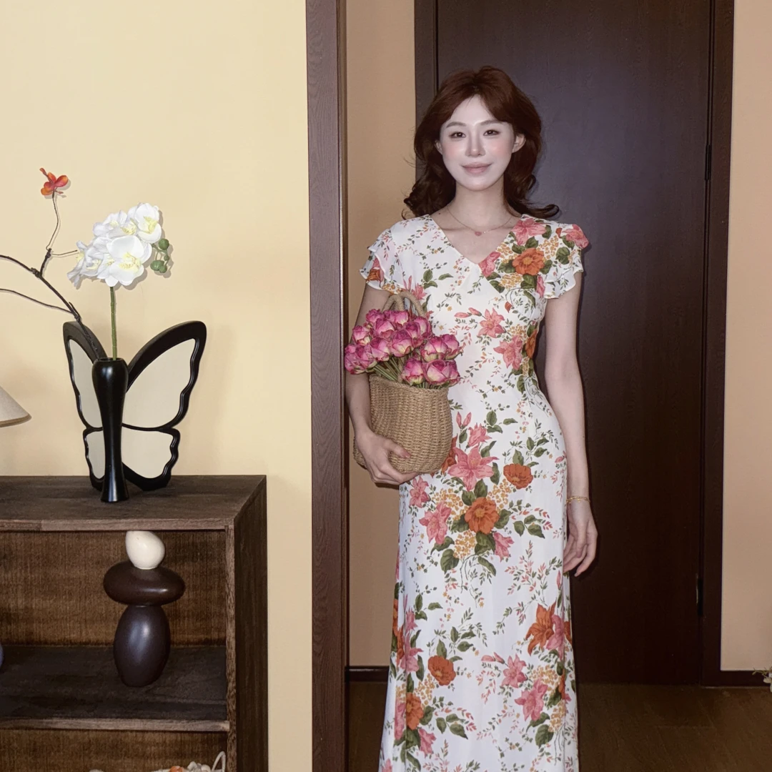 【100%棉】气质 长款 夏季 美静花色连衣裙XMZH8579