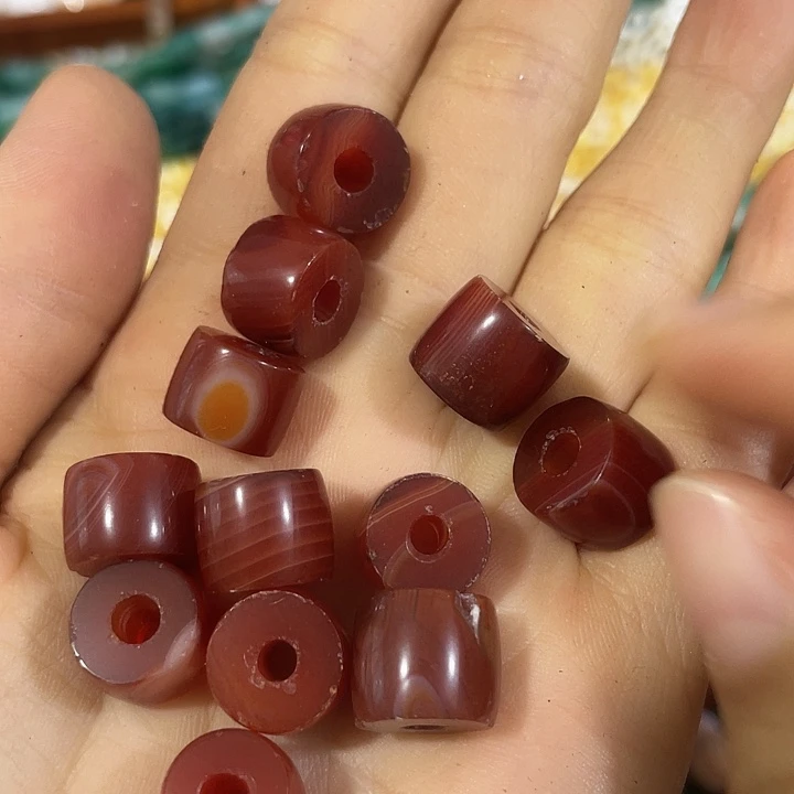 玛瑙/玉髓合金珠宝半成品4个老玛瑙大孔鼓珠