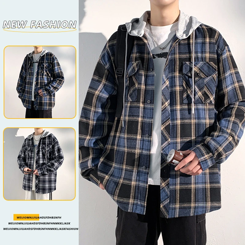 MTVO迈特优春季新款格子连帽长袖衬衫男士休闲百搭潮流外套5027