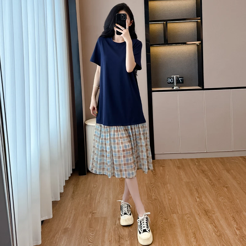 设计感洋气减龄雪纺拼接连衣裙女2025夏轻奢气质大码显瘦百搭裙子