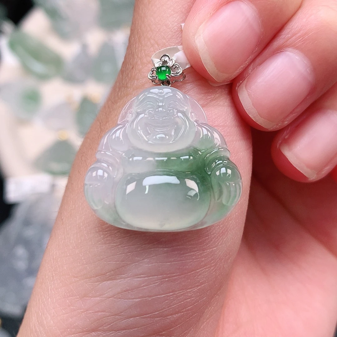 翡翠18K金镶嵌颈饰飘花佛22.5、24.5、5.7