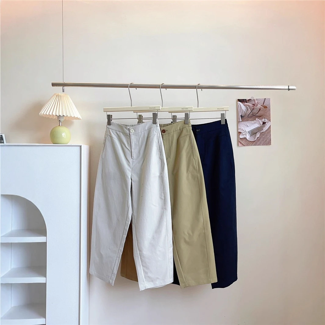 韩系简约弧形宽松九分休闲裤女秋新高腰九分阔腿裤显瘦百搭