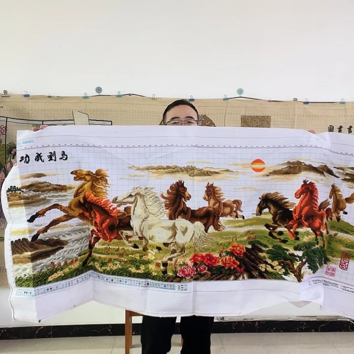 棉手工十字绣成品两米八骏图