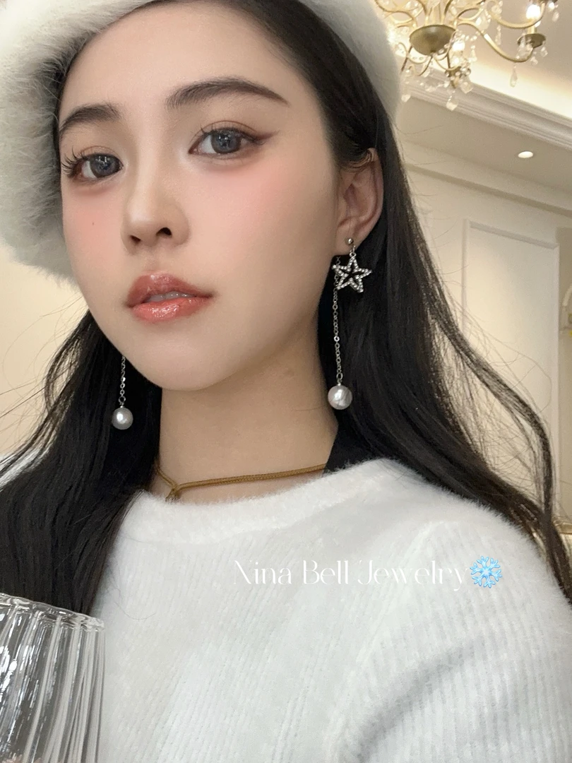 铜合金仿珍珠耳饰 气质星星耳坠轻奢时尚百搭小众长款设计感ins