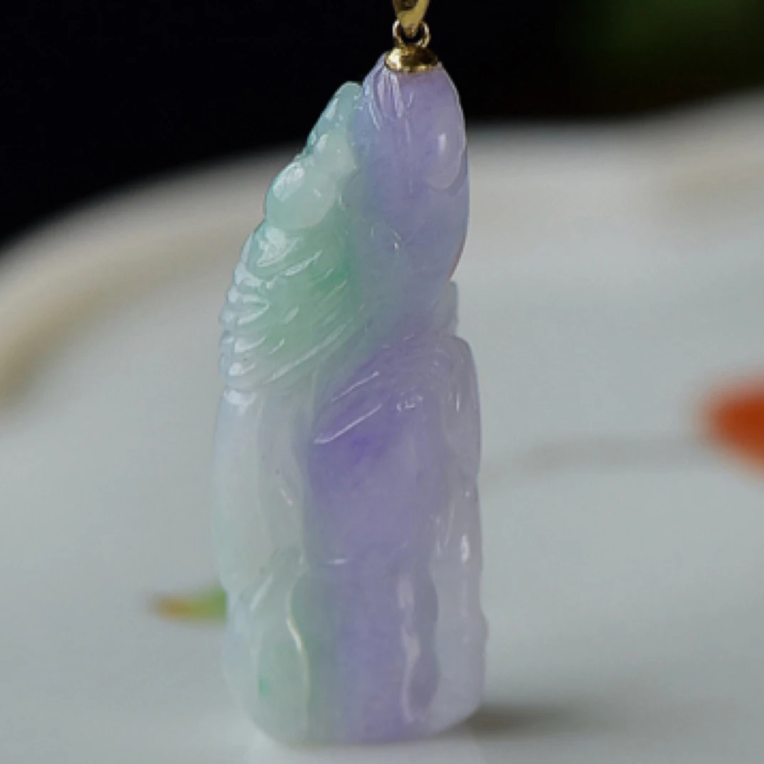 天然缅甸翡翠春彩竹节喜上眉梢吊坠18k雕刻双色精美巧雕节节高升