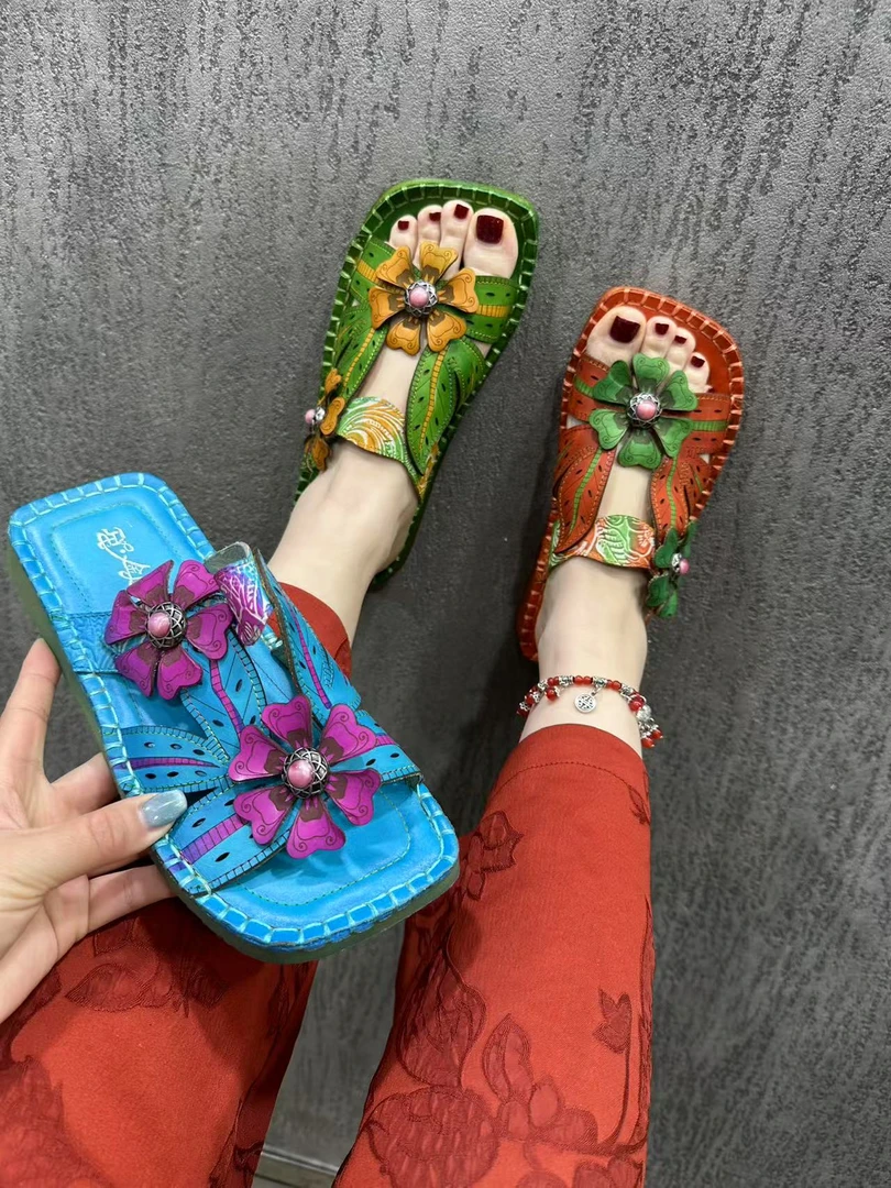 方头花朵牛皮防滑女士擦色一字拖夏季百搭外穿拼色女拖鞋