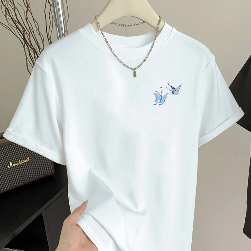 【万针刺绣】夏季100%纯棉刺绣T恤休闲时尚百搭男女同款-两只蝴蝶