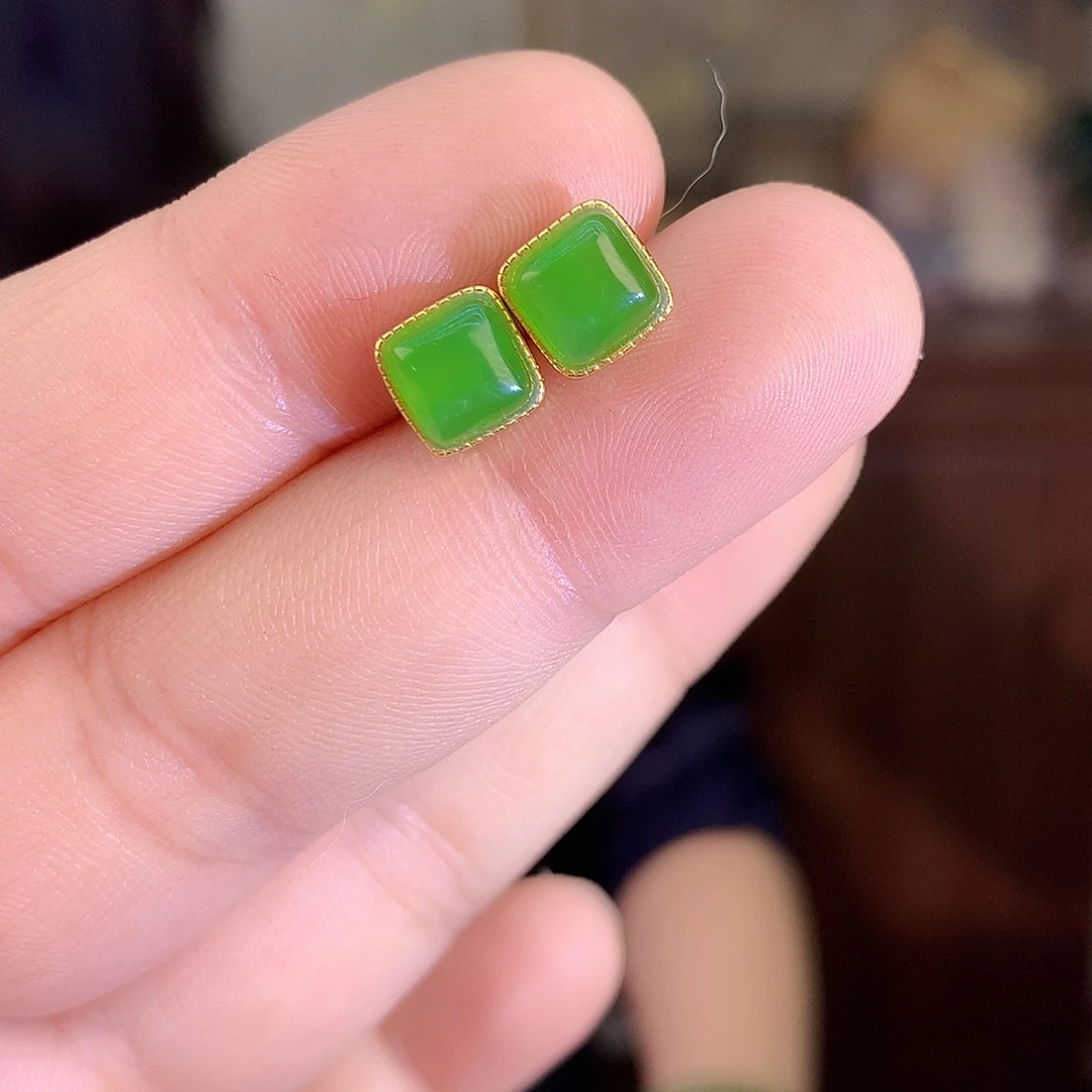 吊坠(不含链)银S925镶嵌和田玉（碧玉）耳饰