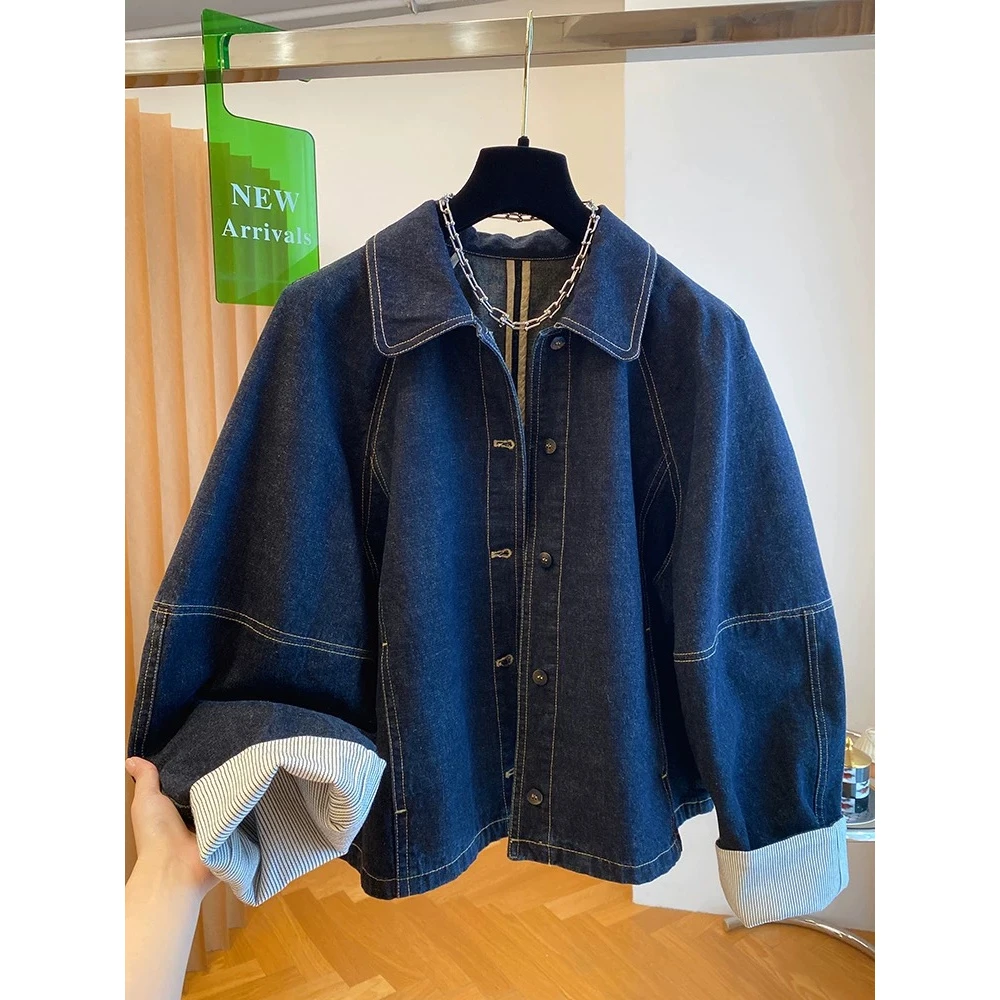复古深蓝牛仔外套女春秋2025新款韩版宽松休闲袖口拼接牛仔外套