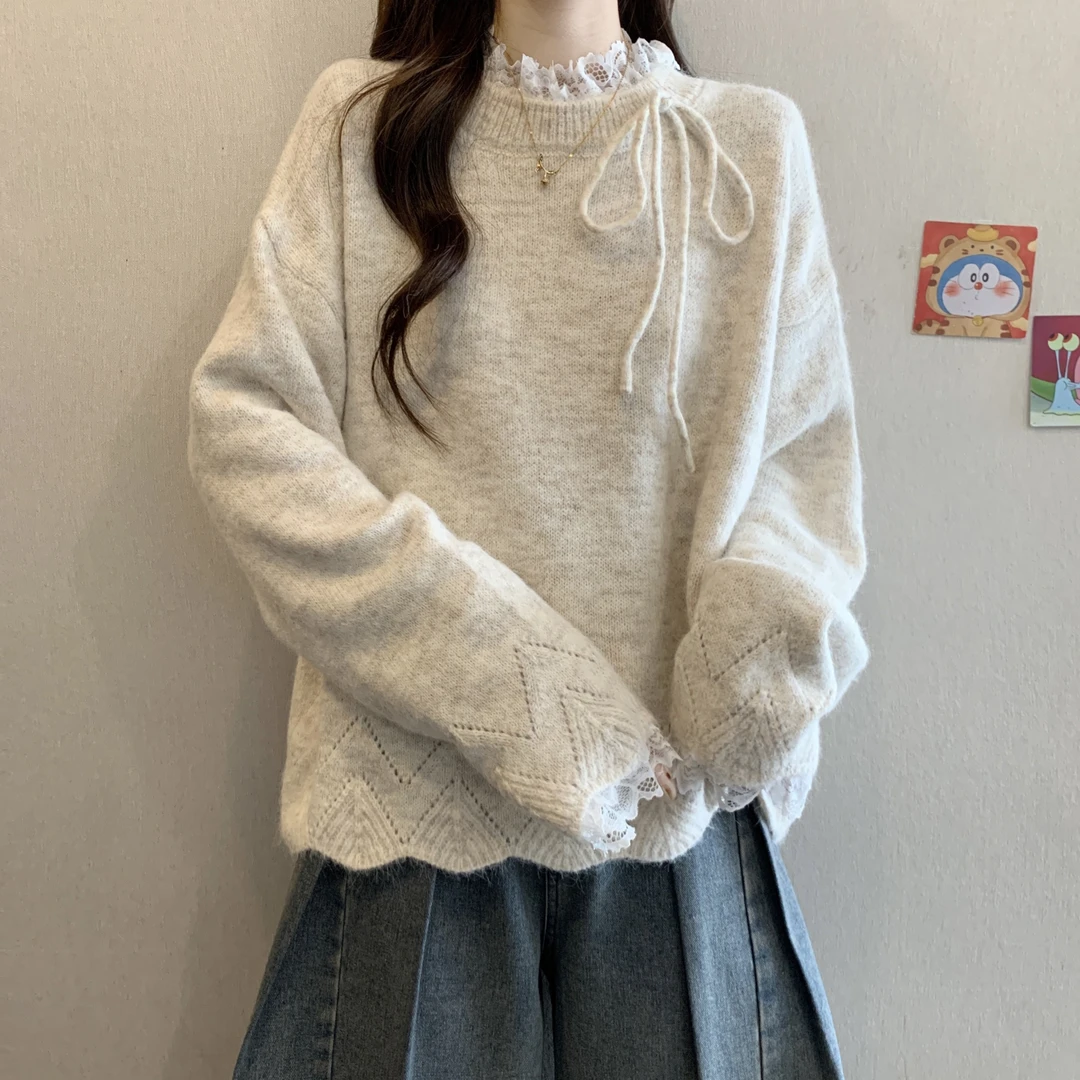 大码法式遮肚子蕾丝拼接针织衫毛衣女秋冬胖mm宽松显瘦假两件上衣