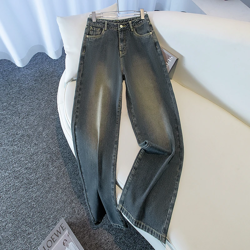 美式复古灰蓝色宽松牛仔阔腿裤女2025冬季新款高腰显瘦百搭直筒裤