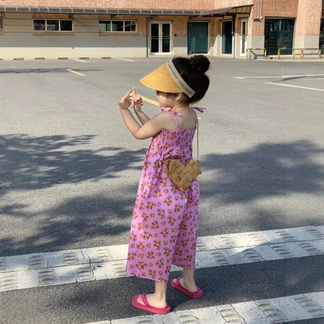 女童连体裤夏装法式碎花度假风海边沙滩裤洋气吊带阔腿裤薄款长裤