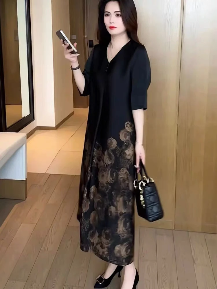 1118宽松腰植物花卉夏季休闲风连衣裙开叉女装旗袍宽松时尚洋气