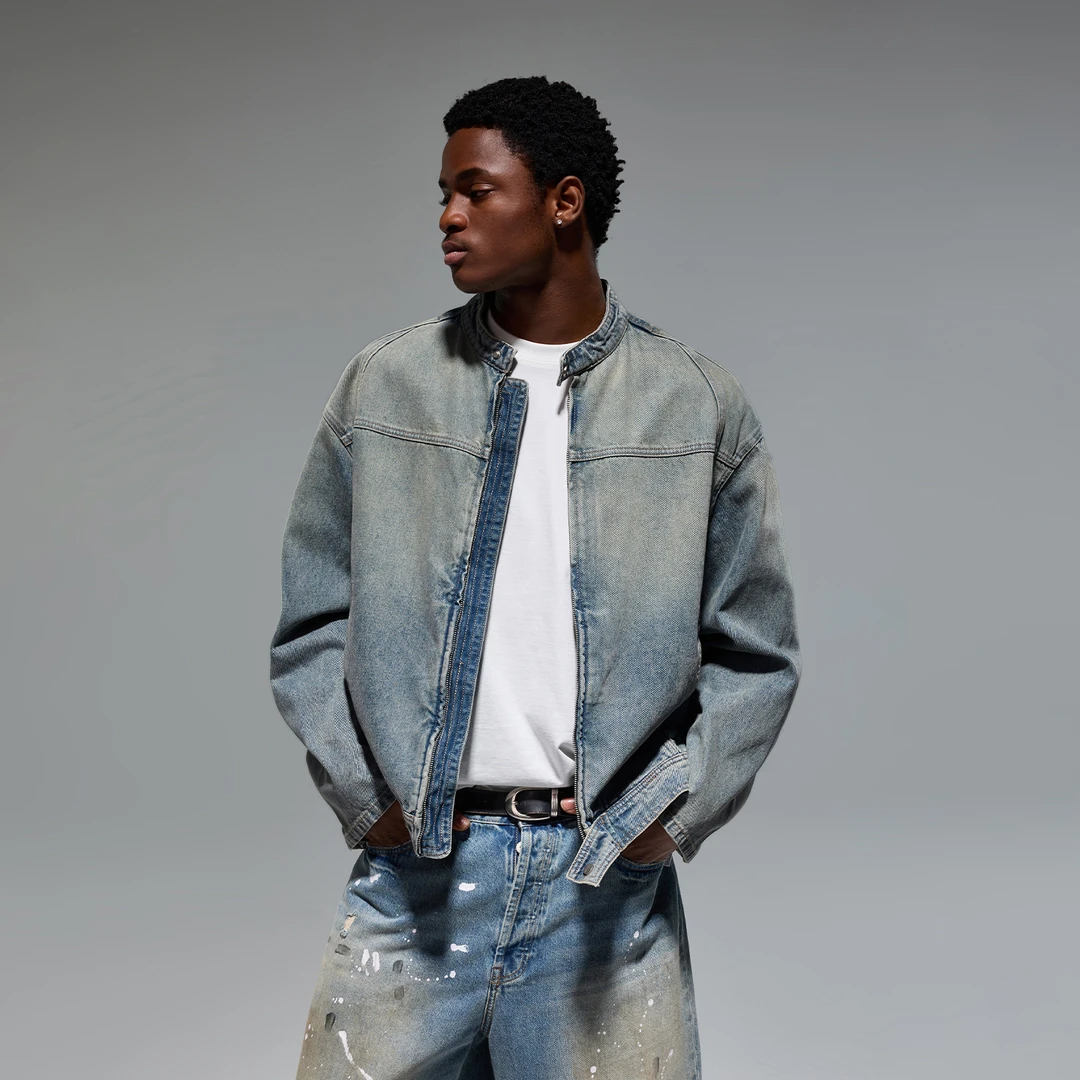 CHINISM CH做旧复古机车拉链宽松牛仔夹克 2017