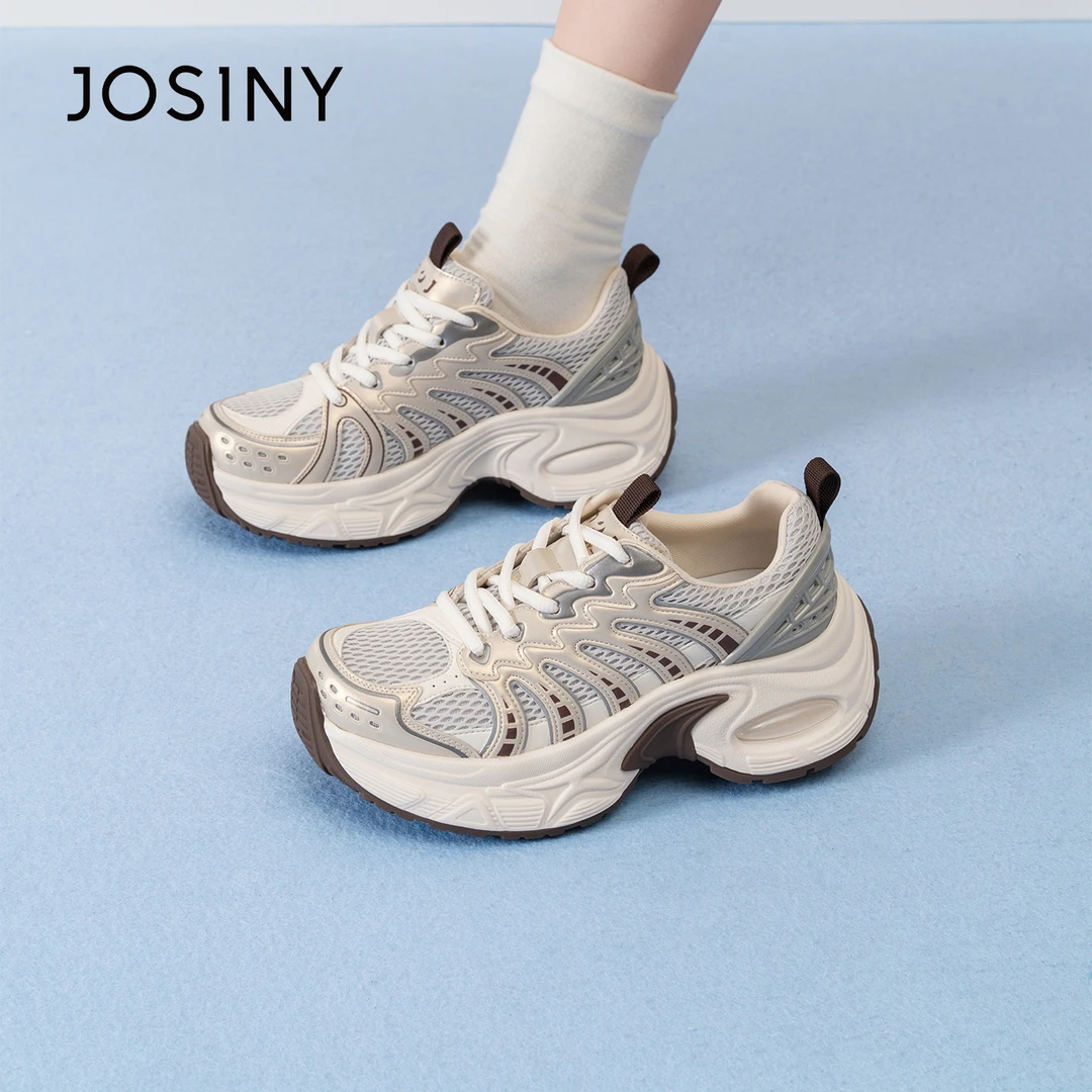 卓诗尼网面透气运动鞋女2025新款秋季银色厚底老爹鞋休闲鞋旅游鞋