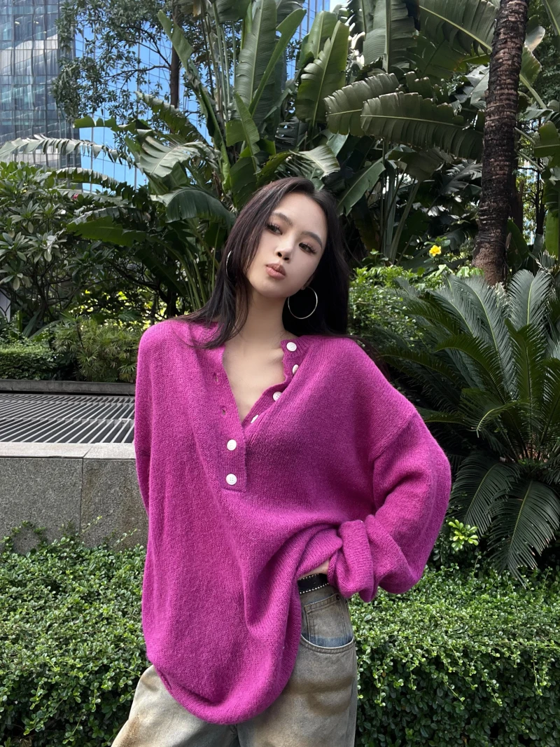 2025春季新款高级感气质超宽松套头亨利领廓形马海毛针织衫毛衣女