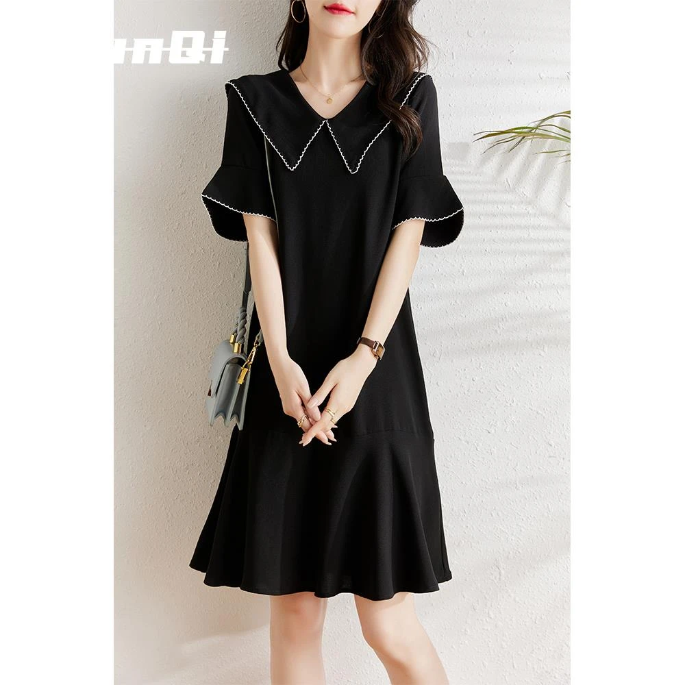 淳启夏装年新款韩版宽松显瘦气质小黑裙胖mm休闲大码雪纺连衣裙女