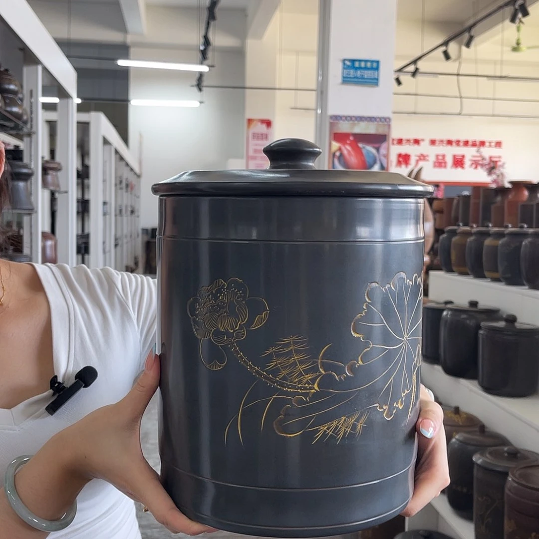 钦州坭兴陶茶叶罐五斤装 手工雕刻茶饼8-10