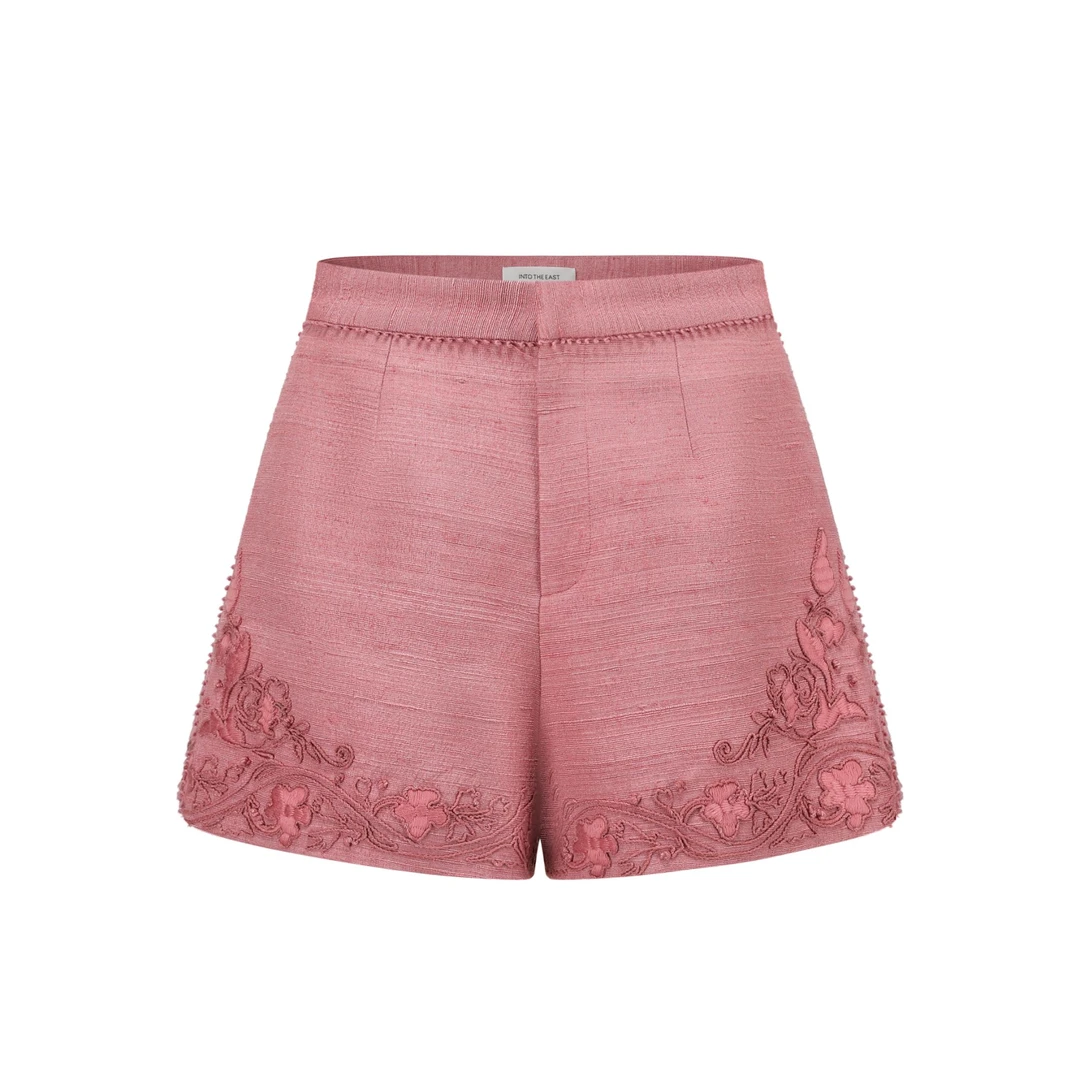 INTO THE EAST 粉色绣花柞蚕丝短裤