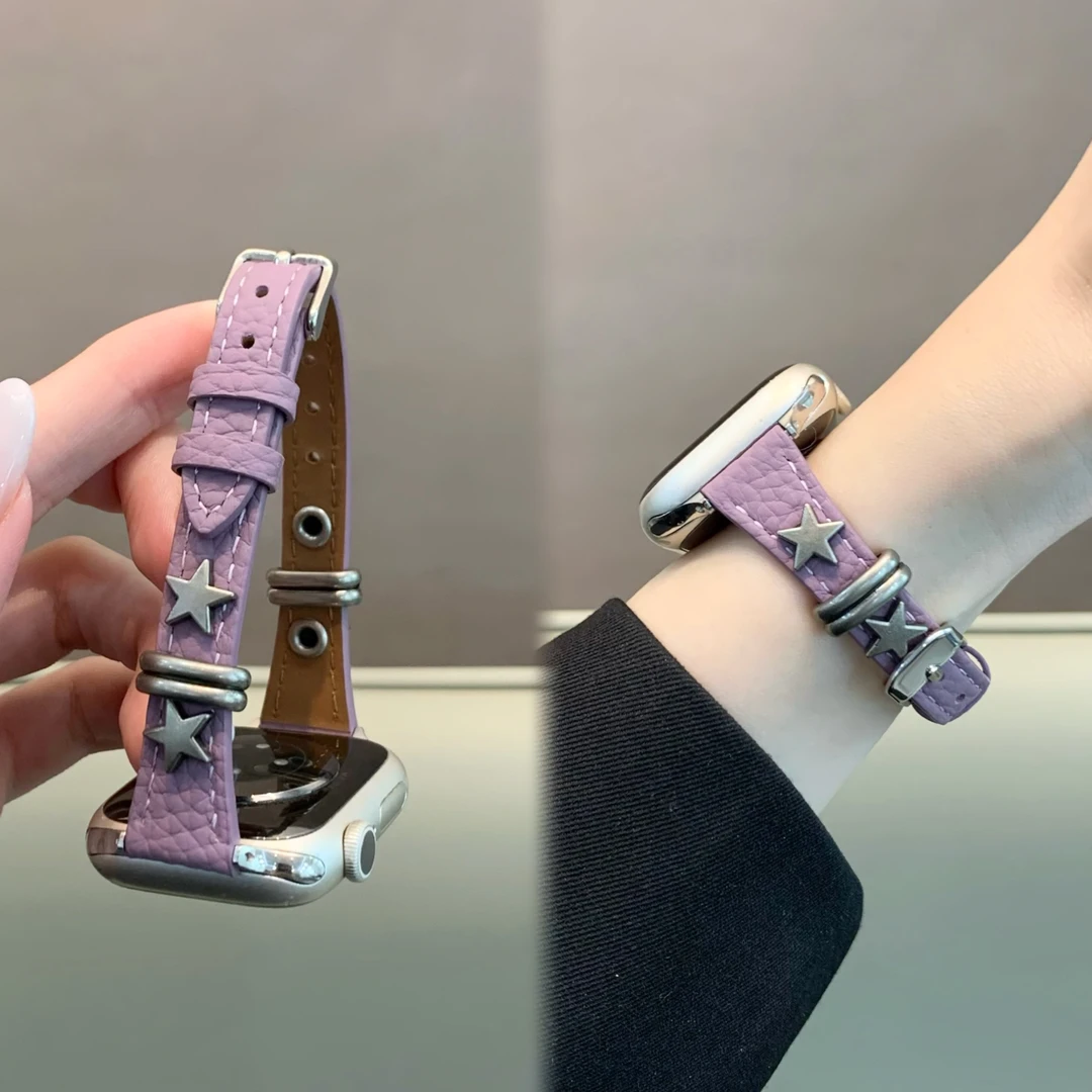 适用s11苹果手表iwatch10表带细款小蛮腰星星小牛皮applewatch987