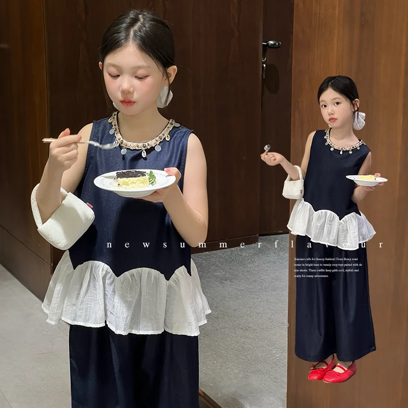 2025女童纯色夏季甜美韩版套装连衣裙显瘦宽松无袖拼接套装5161