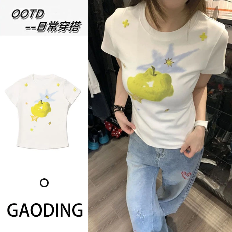 圆领正肩短袖t恤女夏季新款星星印花青苹果修身显瘦百搭通勤上衣
