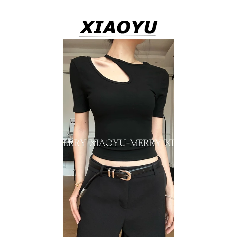 小鱼【个性辣妹】小众设计感镂空锁骨短袖T恤百搭显瘦修身上衣