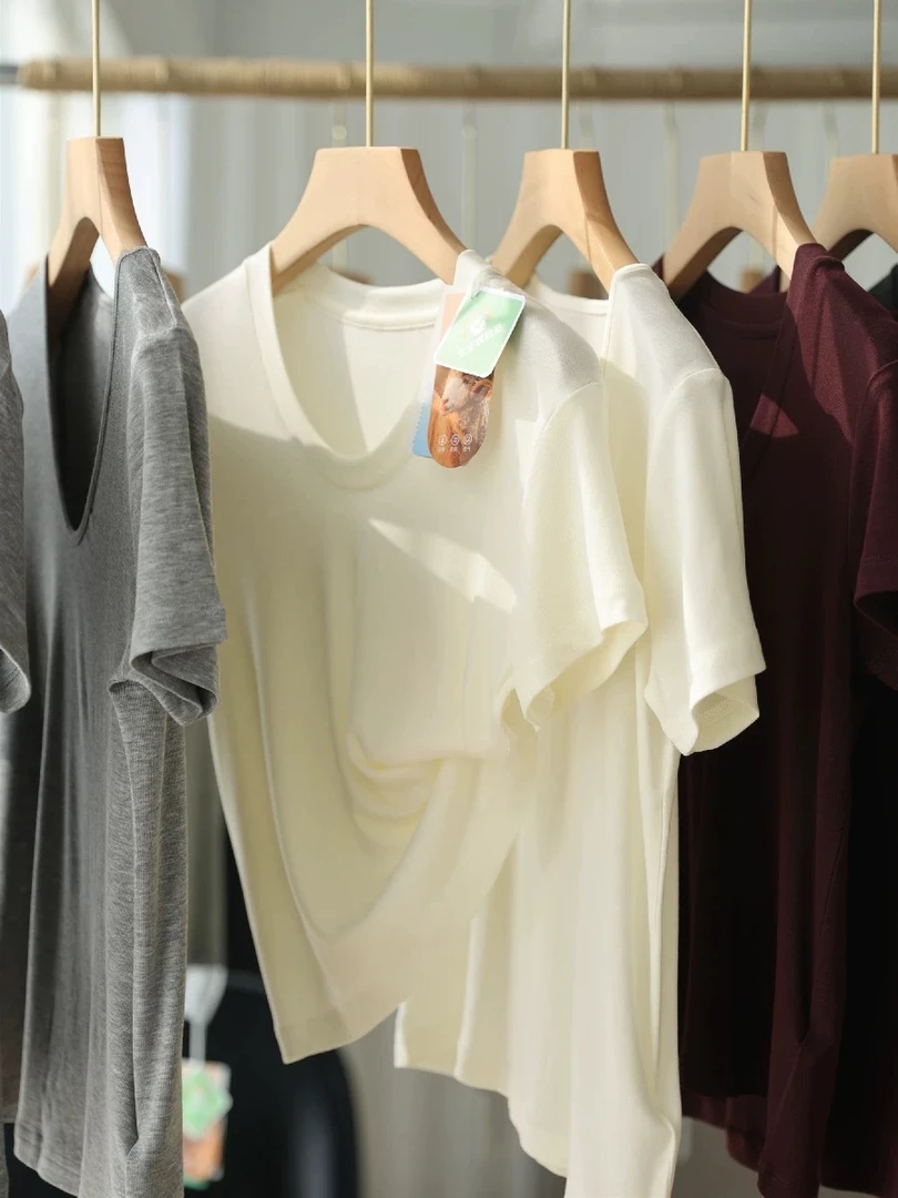 【冰冰凉凉】软糯亲肤莱赛尔醋纤羊毛U领短袖上衣鹅蛋领修饰脸型T恤