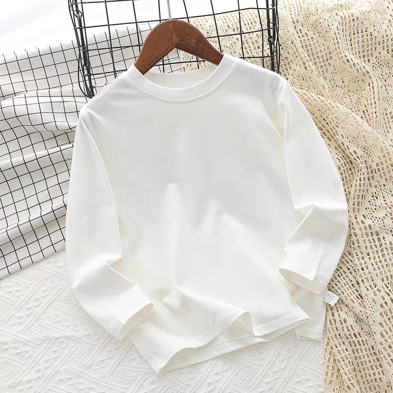 儿童纯棉长袖T恤休闲男女童纯色上衣新款中大童洋气百搭时尚长T恤