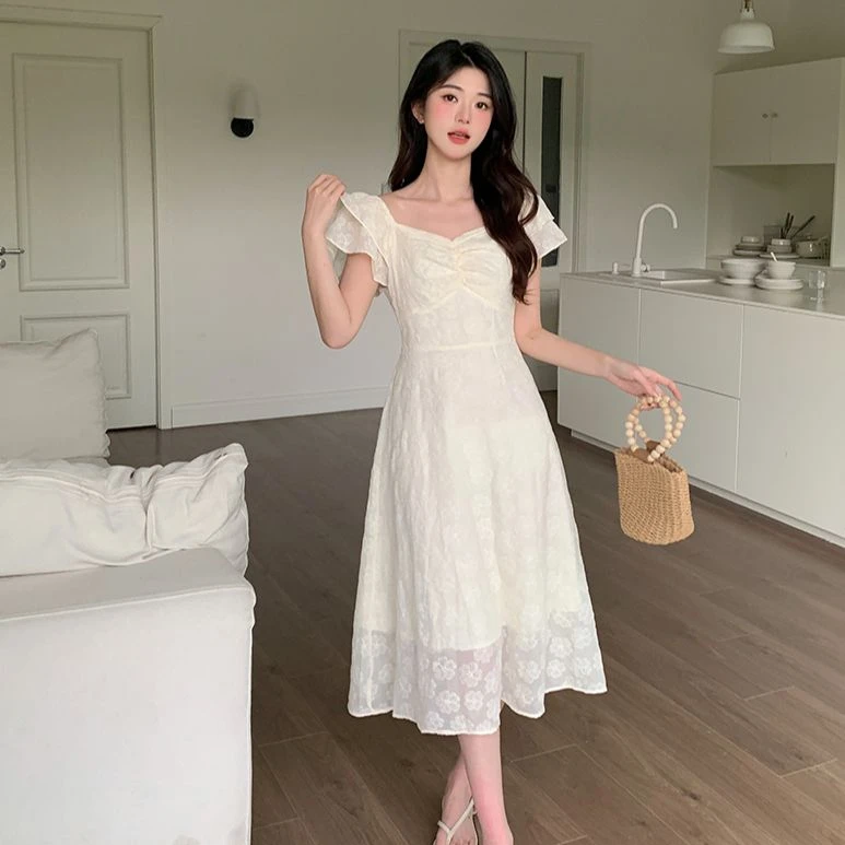 C-6179大码夏季新款法式提花系带胖mm收腰甜妹淑女A字裙