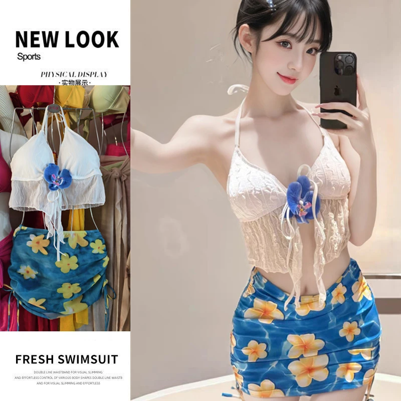 甜美系新款比基尼三件套小胸bikini纯欲分体游泳衣女性感显瘦海边