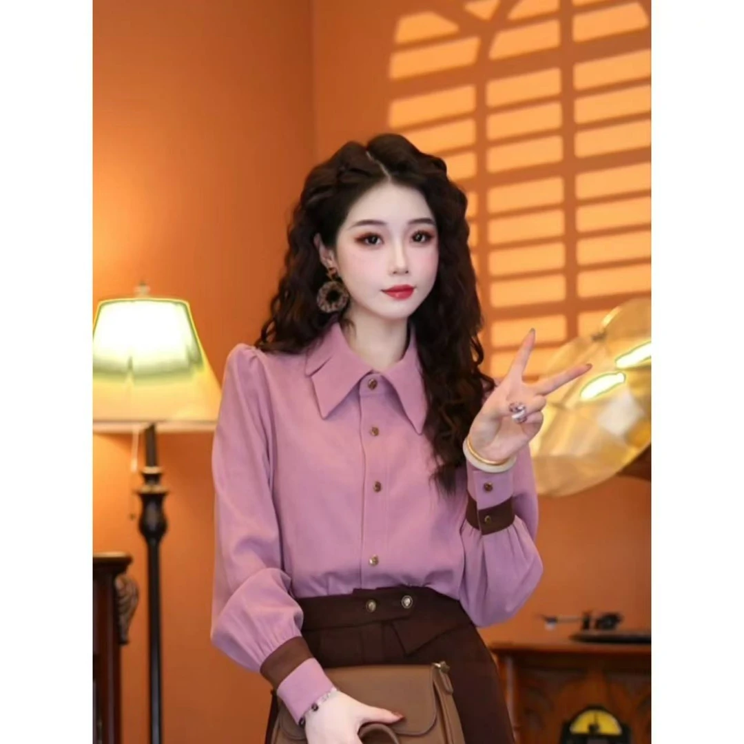 蒋肉肉【心动信号】2024秋款简约长袖设计感拼色衬衫上衣01060