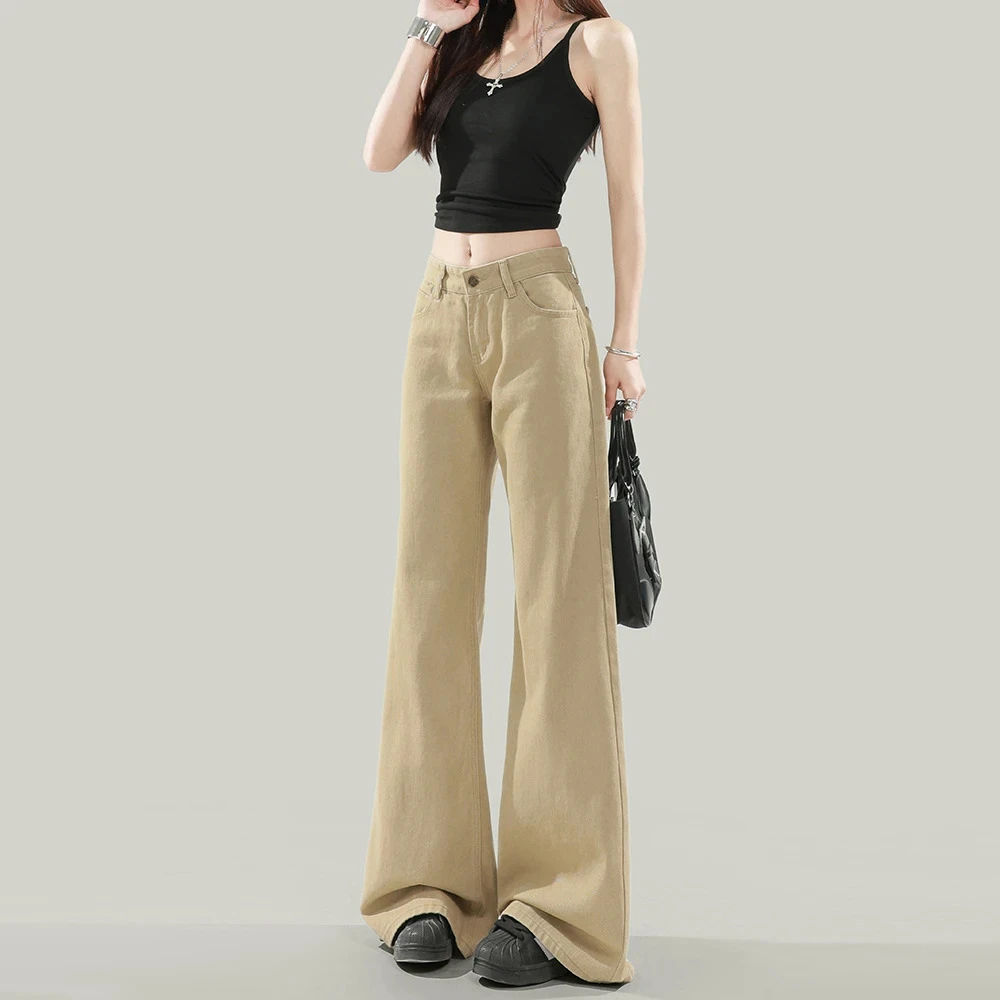 美式复古辣妹卡其色牛仔裤女2025夏季新款低腰拖地不贴腿微喇裤子