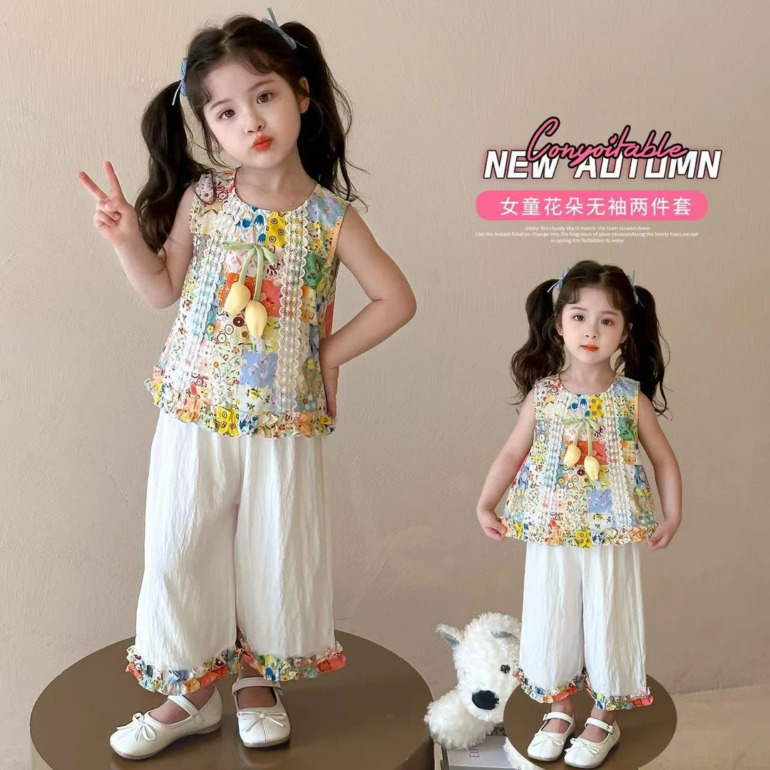 2025薄款民族风夏季少女风女碎花套装女童欧若智性风