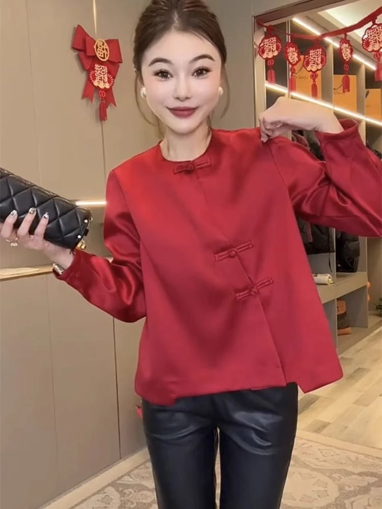 复古中国风新中式盘扣衬衣2025新款时尚宽松红色长袖上衣国潮衬衫