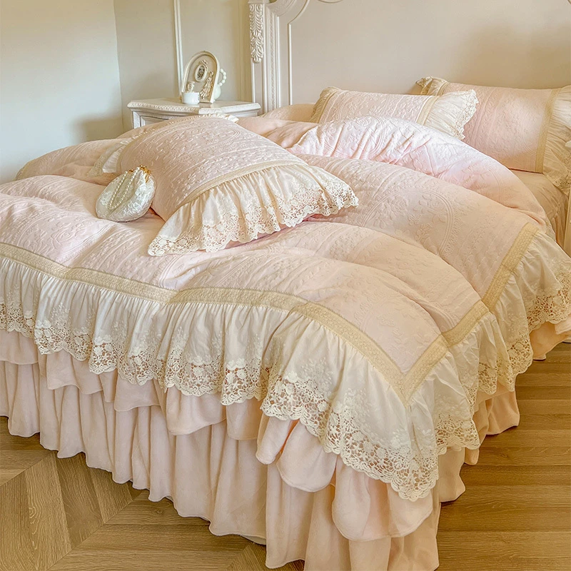 法式A类雕花牛奶绒四件套床裙款冬季保暖加厚双面绒被套加绒被罩